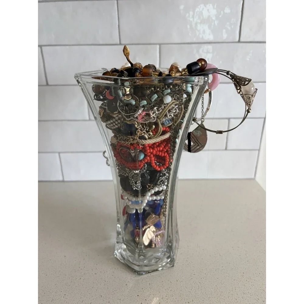Vtg Mystery Jewelry Jar Mixed Metal Gold & Silver Tone Necklace Bracelet Ring
